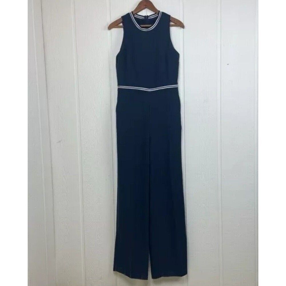 Banana Republic Pleated Wide-Leg Jumpsuit Navy Blue Pockets